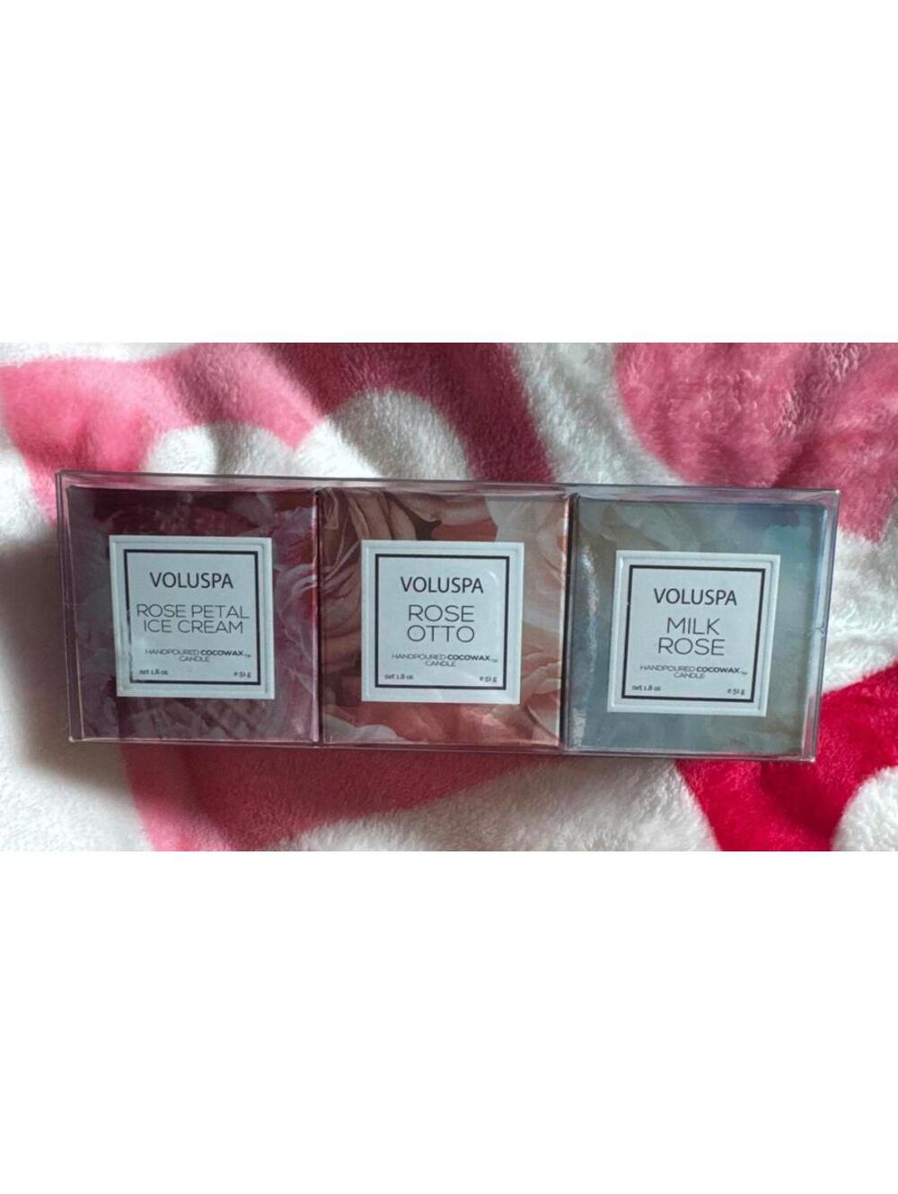 Voluspa Rose Petal Ice Cream Rose Otto Milk Rose Mini Candle Set 3-Pack